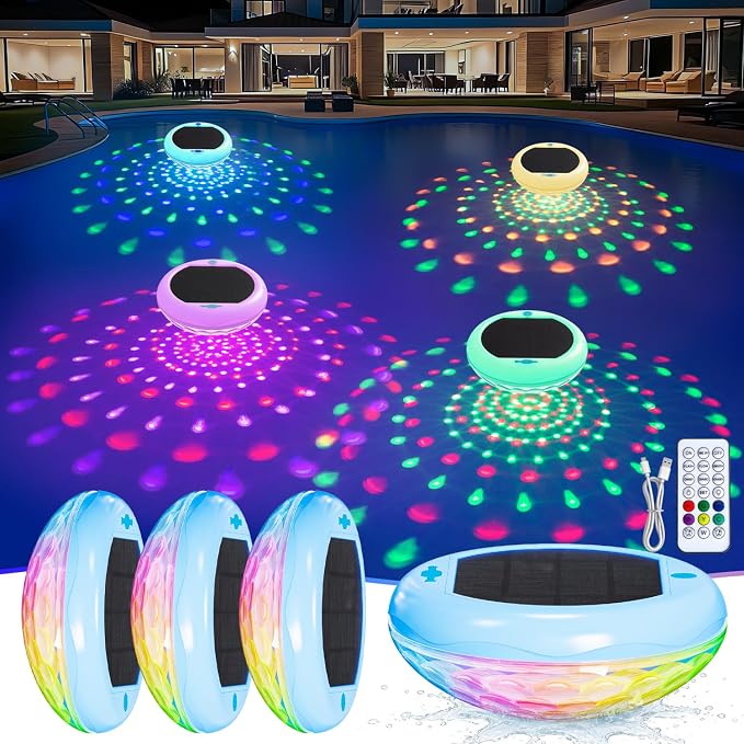 Floating Pool Lights Solar Powered, 6.7 Inch 13 RGB Upper & Lower Color Changing Solar Pool Lights that Float, 2600mAh Rechargeable IP68 Waterproof Pool Lights with Remote for Hot Tub Party 4 PCS