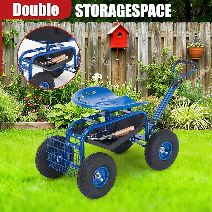 Garden Cart Rolling Workseat with Wheels, 360° Swivel Gardening Stool, Extendable Steering Handle & Utility Tool Tray, 10-Inch Inflatable Tires, Reinforced Steel Construction for Patio, Yard, Outdoor