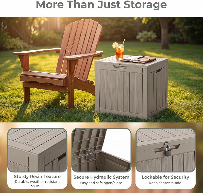 NicBex 30 Gallon Deck Box, Waterproof Resin Outdoor Storage Box Lockable for Patio Furniture, Fade Resistant Patio Side Table & Organizer for Garden Tools, Pool Floats, Outdoor Cushions, Light Coffee