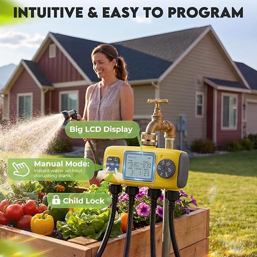 4 Zone Water Timer for Garden Hose, 4 Outlets Sprinkler Timer for Watering with Brass Inlet,Rain Delay/Automatic/Manual Irrigation System for Garden Sprinkler Controller for Lawn Yard Garden