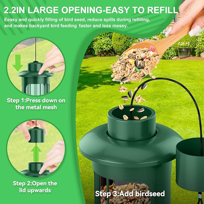 Squirrel Proof Bird Feeders for Outdoors Hanging, Metal Squirrel Proof Bird Feeder with Gravity Protection, 3LB Large Capacity Wild Bird Feeders for Outside Finch, Cardinal, Blue Jay (Green)