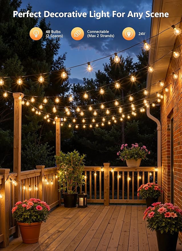 Brightown Outdoor String Lights, 152FT Shatterproof LED Patio Lights with 48 Dimmable Plastic G40 Bulbs, 2700K Waterproof Connectable Hanging String for Backyard, Cafe, Porch, Deck, Home Decor