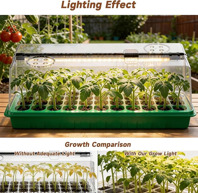 Seed Starter Tray with Grow Light, Seed Starter Kit Full Spectrum with 5 Dimmable Brightness & Timer, Indoor Plant Grow Tray for Beginners & Seasoned Gardeners, Gardening Gifts (Green, 144 Cells)