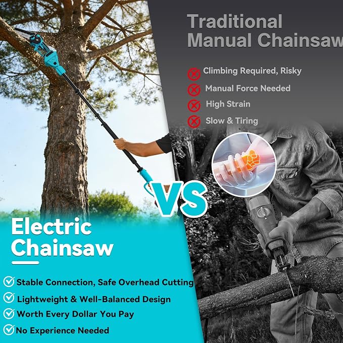 2-in-1 Electric Pole Saws for Tree Trimming, 6 Inch Mini Chainsaw Cordless with Extension Pole, 2 x 4000mAh Batteries,Battery Powered Pole Chain Saw, Tree Trimmer Limb Branch Cutter Pruner