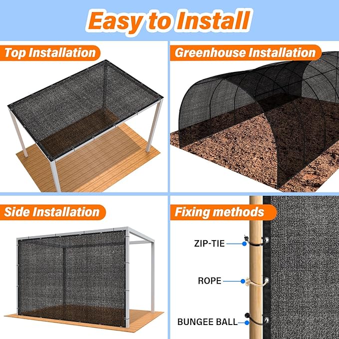 JOJOLEE 70% Sun Shade Cloth, 6.6x6.6FT Shade Net Mesh Tarp with Grommets, Black Sunblock Cover for Outdoor Patio Plants, Pergola, Greenhouse, Chicken Coop, Backyard, Balcony