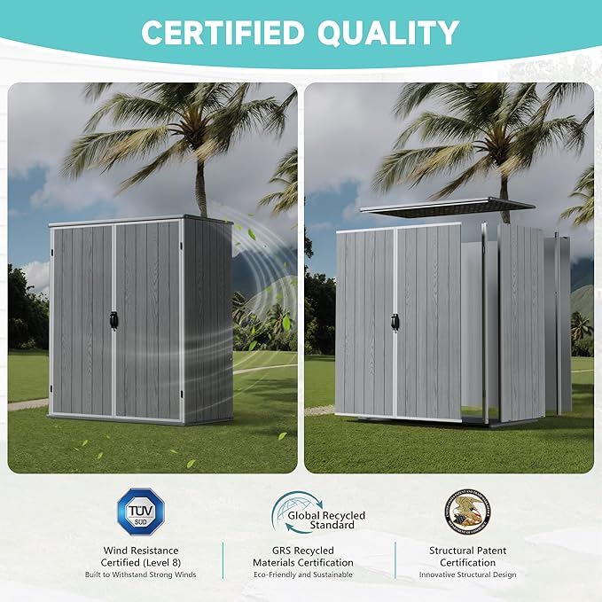 Greesum 5X3FT Plastic Storage Shed with Floor, Resin Outdoor Storaged Shed with Lockable Door, Easy Assembly All-Weather Tool Sheds for Garden, Backyard, Patio, Light Gray (4.7×2.5FT)