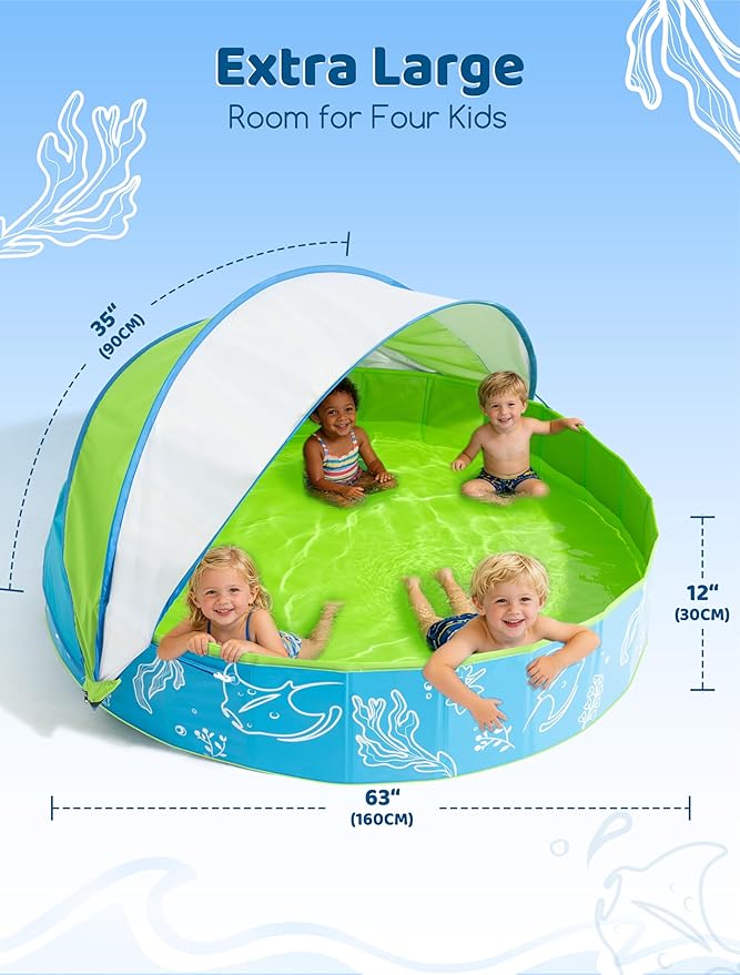 Hikiddy Foldable Kiddie Pool with Canopy: 31.5in/ 47in /63in for Baby Toddler Kids Family - Summer Water Play Pool with Shade - Portable for Outdoor Backyard Beach (Blue-Green, 63in)