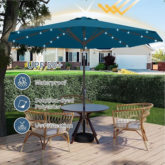 9FT Patio Umbrella with Solar Lights,Outdoor Market Umbrella with Tilt and Crank, LED Lighted Table Umbrella for Garden,Deck,Backyard,Pool,Beach