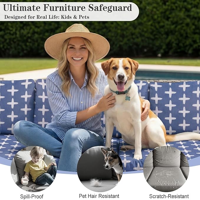 8 Pack Outdoor Cushion Covers Water Resistant High Stretch Fit Patio Cushion Covers 180g Couch Seat Slipcovers Machine Washable Pet & Kids Friendly Home Refresh 20-27 Inch, Navy Cross