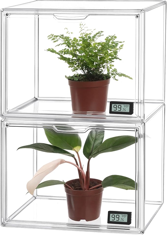 HBlife Mini Greenhouse for Indoor, Clear Stackable Green House with Magnetic Waterproof Door for Small Plants Nursery Germination and Display, Tabletop Portable Greenhouse, 14.1x8.6x10.6 Inch (2 Pack)