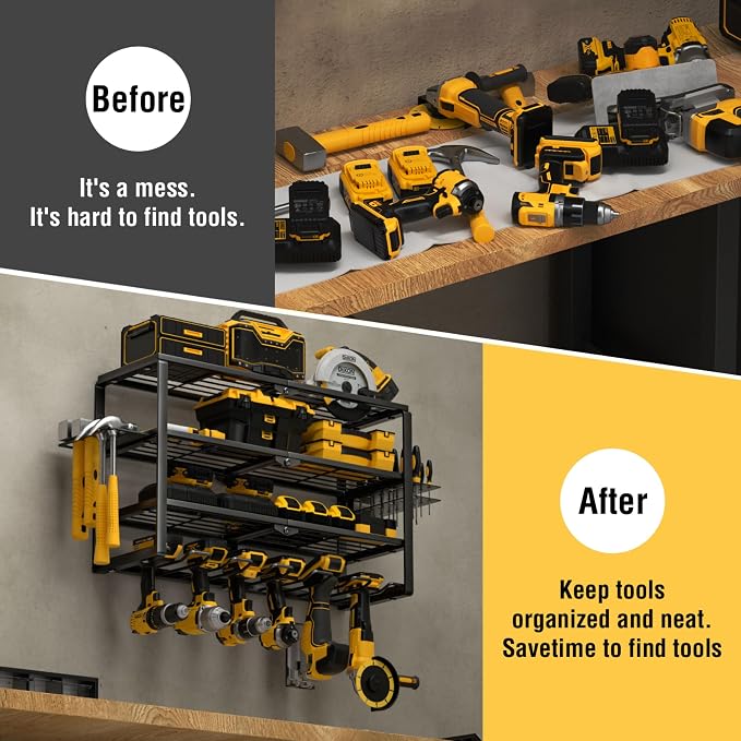 YYR 4 Layer Power Tool Organizer Wall Mount, Cordless Drill Hanger Storage Rack, Battery Tools Holder with Charging Station Shelf for Garage Organization, Workshop, Pegboard, Shed - 24 Inch 6 Slots