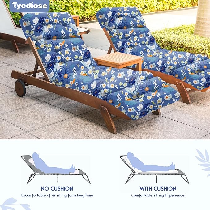 Waterproof Outdoor Chaise Lounge Chair Cushion 74.4 x 22 x 4.7 Inches Memory Foam Lounge Chair Cushions for Outdoor Furniture with Ties, Thickened Pool Lounge Chair Cushion, Blue Floral