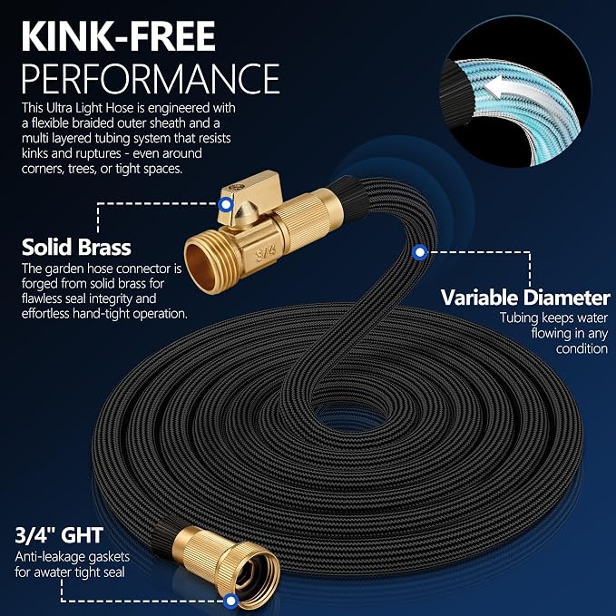 Flexible Garden Hose 100 FT, Ultra Lightweight Water Hoses 100FT w/10 Function Sprayer and 3/4" Brass Fittings, Kink-Free, Sturdy, Abrasion Resistant for Yard, Lawn, Outdoor and Gardening(Black)