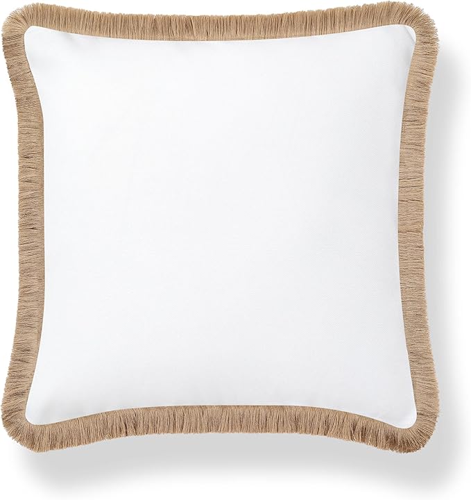 Hofdeco Premium Coastal Hampton Patio Indoor Outdoor Throw Pillow Cover Only, 22"x22" Water Repellent for Backyard, Couch, Poolside, White Neutral Tan Solid (Pack of 2)