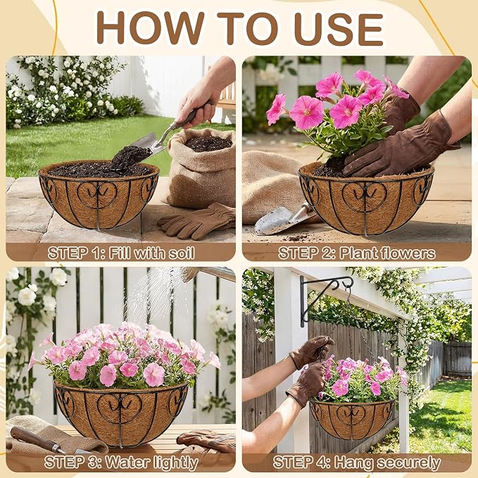 12 inch Metal Hanging Baskets for Plants Outdoor, 4 Pack Metal Wire Hanging Basket Planter with Coco Liner Flower Pots for Indoor Outdoor Garden Porch Patio, Heart-Shaped