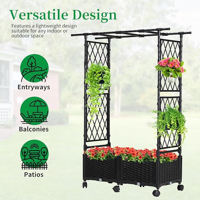 FOLLOOK Planter Box with Trellis Outdoor, 53.1in Plastic Raised Garden Bed with Trellis Hanging Roof for Vine Flower, with Lockable Wheels & Drain Plug for Patio Backyard Balcony, Black, 1 Pc