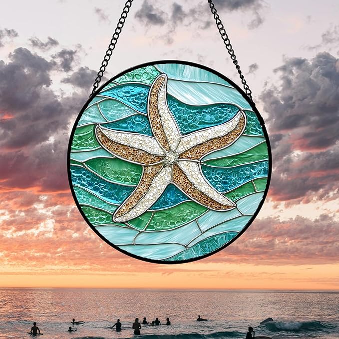 DASTOLL Stained Glass Window Hanging 4 Pcs Set Cyan Ocean Life Theme 7.8" - Sea Starfish Suncatcher Door Garden Sun Catcher Decor Birthday for Mom Woman Nana Men Friend
