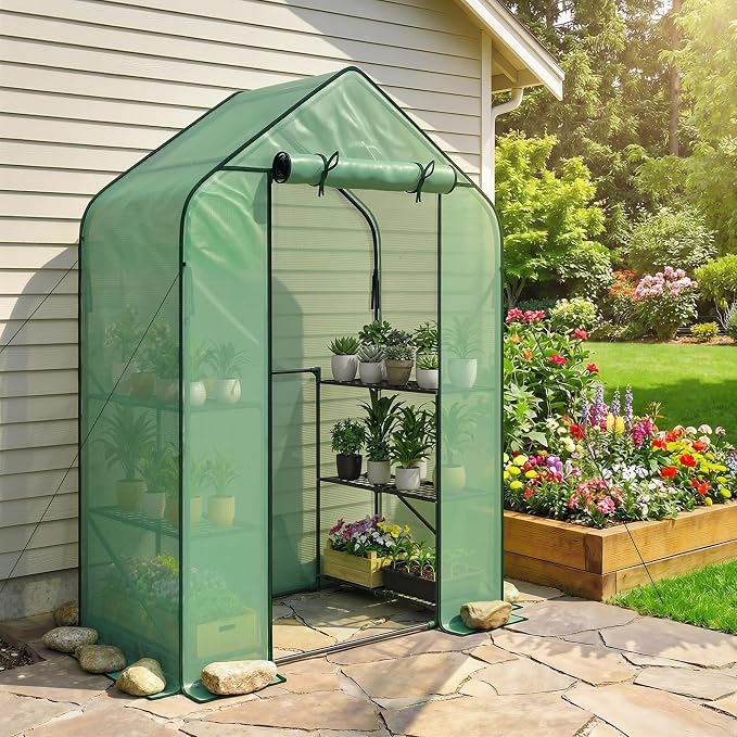 Outsunny 4.7' x 2.3' x 6.2' Small Greenhouse for Outdoors, 3 Tiers 6 Shelves, Portable Greenhouse with UV-Resistant PE Cover, Walk-in Green House with Roll-Up Door, Green