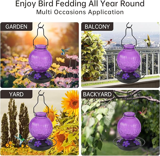 Glass Hummingbird Feeders for Outdoors Hanging, 23Oz Humming Bird Nectar Feeders with Perch, 5 Flower Feeding Ports, Leak Proof Base and Hook for Garden Decor, Gifts for Mom Women (Purple)