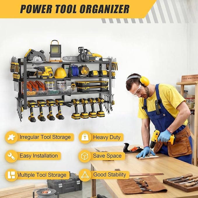 Jusgym Power Tool Organizer Wall Mount |450lbs Garage Tool Storage Rack with 8 Cordless Drill Holder |4-Tier 32''W Heavy Duty Garage Organization |Gifts for Men
