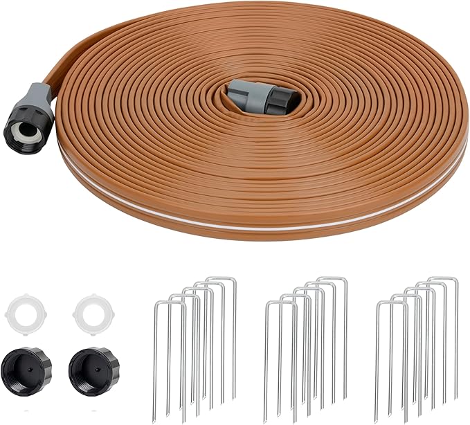Sprinkler Soaker Hose 50 FT, Watering Hose with Holes, High-Efficiency Water-Saving Sprinklers System for Lawn and Garden with Staples