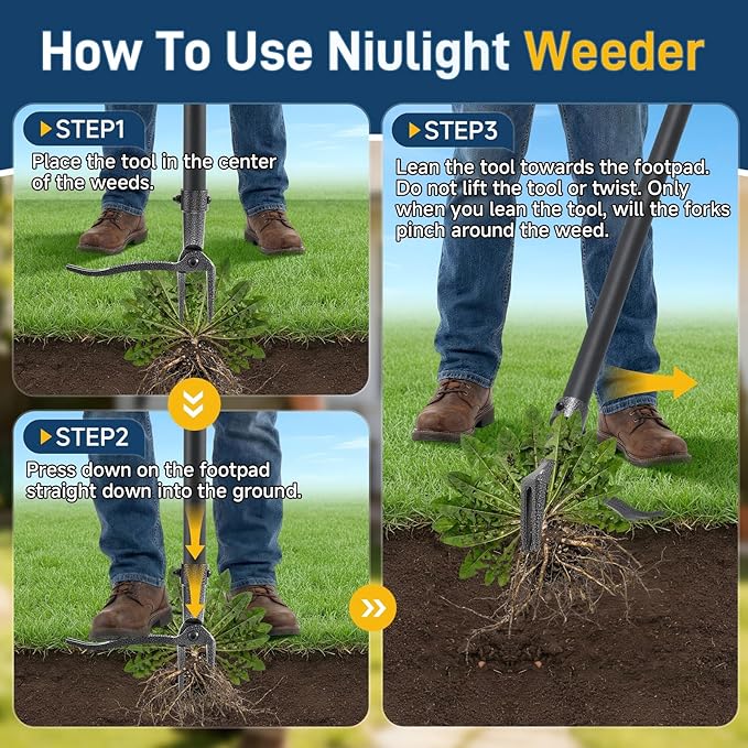 Stand Up Weed Puller Tool, 46" Adjustable Long Handle with 4-Claw Steel Head, Heavy Duty Weeder for Effortless Root Removal, No Bending or Kneeling