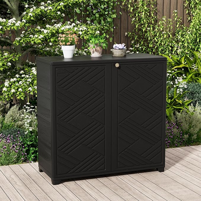 KINYING Outdoor Storage Cabinet Waterproof, 60 Gallon Resin Outdoor Storage Shed for Patio/Garden/Backyard, Outdoor Storage Box for Cushions,Garden Tools and Pool Supplies(Black W/O Shelving)