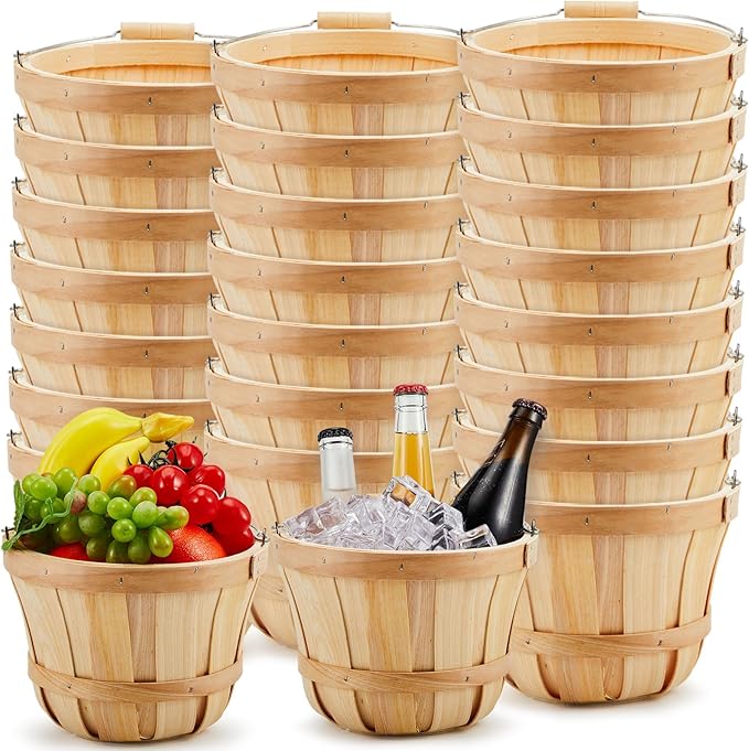 Marsui 24 Pcs Round Wooden Berry Baskets Small Bushel with Handles for Gifts Empty Basket Fruit Buckets for Picking Strawberry Fruits Flowers Crafts Home Wedding (Natural Wood)