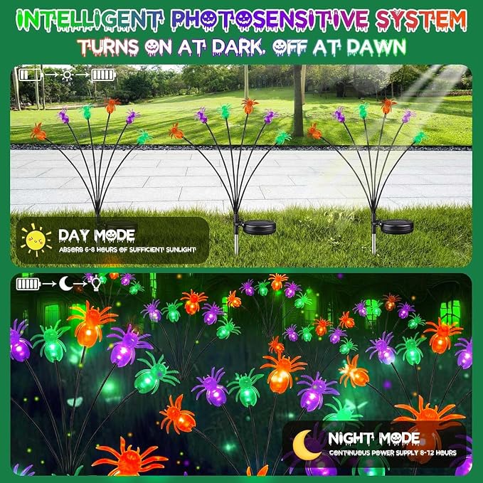 6 Pack Halloween Decorations Outdoor Solar Spider Garden Lights, Purple Orange and Green Scary Spider Swaying Firefly Lights with 2 Modes, Waterproof Halloween Pathway for Yard Garden Party Decor