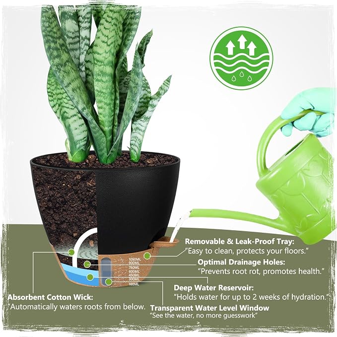 Self-Watering Pots for Indoor and Outdoor Plants 4 Pack, 6/8/10/12 Inch Planters with Water Level Indicator & Deep Reservoir, Decorative Flower Pots for Home Decor