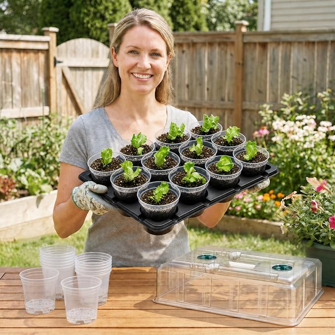 homenote 4 Inch Seed Starter Trays 2 Pack, 12-Cell | With Grow Light, Humidity Dome, 24 Pcs 4" Nursery Pots, Plastic Germination Kit