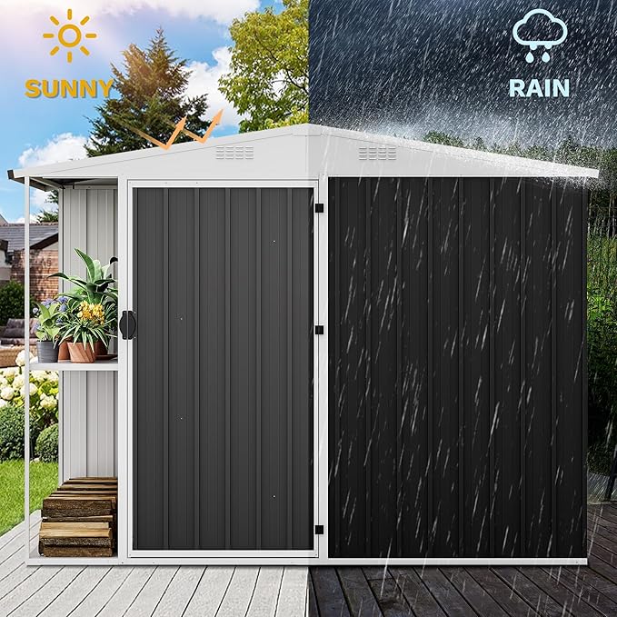 DWVO Outdoor Storage Shed 8x4FT with Rack, Metal Garden Shed with Storage Shelves, Bike Storage Tool Cabinet Box for Lawn Backyard Patio Use, Dark Gray