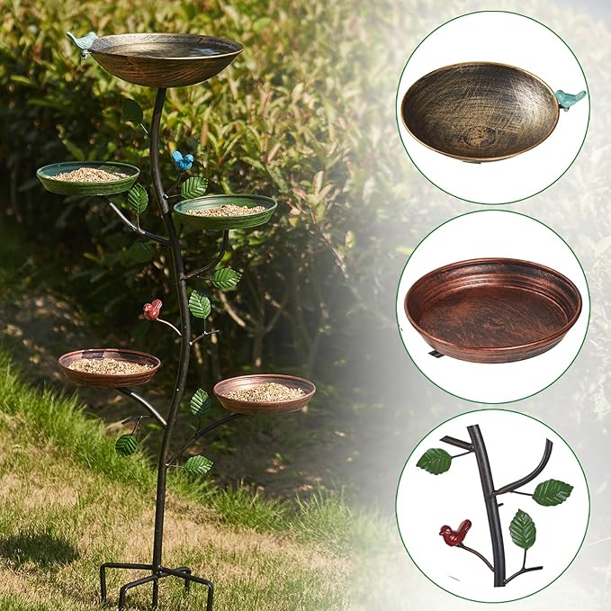 HLQMFHT 44.5" H Bird Baths for Outdoors with Metal Stakes, Standing Bird Baths with 4 Metal Bird Feeder Trays, for Garden Yard Decor