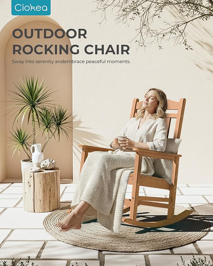 Ciokea Oversized Outdoor Rocking Chairs Set of 3, 380lbs Heavy-Duty Large Patio Rocker, High Back Cozy Porch Chairs, Weather Resistant Patio Rocking Chairs for Outside, Fire Pit, Deck, Teak