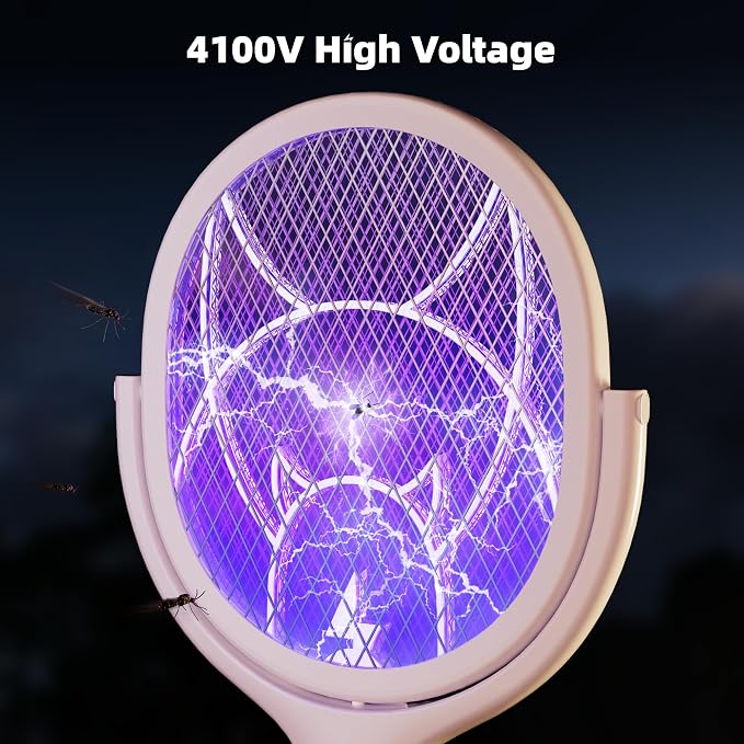 Nymrix Electric Fly Swatter Racket with Rotating Head & Telescopic Handle, 2-in-1 Bug Zapper, 4100V Rechargeable Mosquito Killer with 2600 mAh Battery for Indoor & Outdoor Use (White,2 Pack)