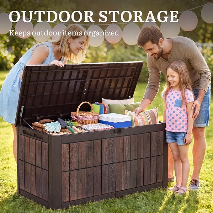 YITAHOME 134 Gallon Large Deck Box, Waterproof Resin Outdoor Storage Box with Lock, Doubles as Bench Seating for Patio Furniture Cushion, Garden Tools &Pool Accessories, Dark Brown & Wood-Grain Brown