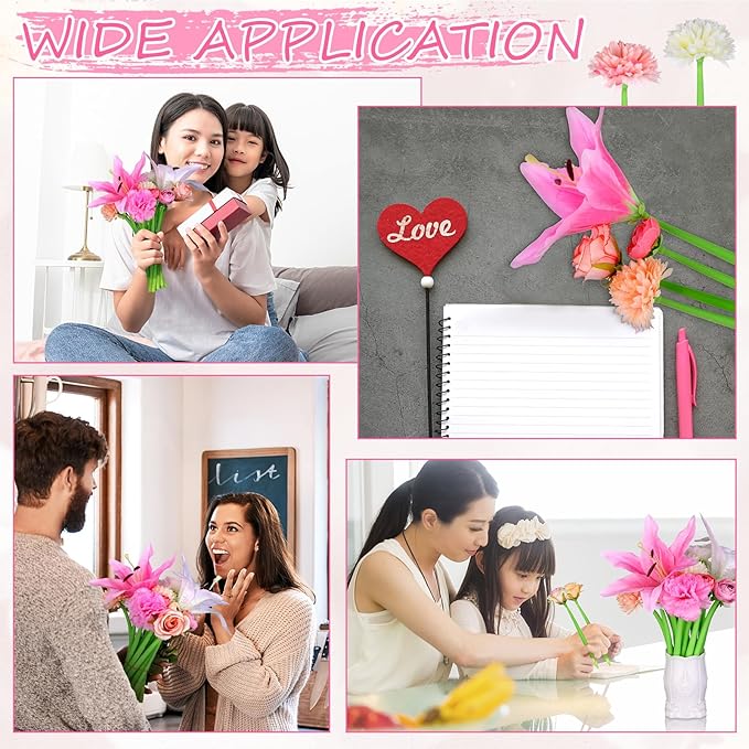 28 Pcs Flower Pens Artificial Daisy Rose Lily Carnation Flower Pens Back to School Pen Wedding Floral Pen for Women Mother's Day Girlfriend Wife Office Birthday Fitst Day Classroom Reward