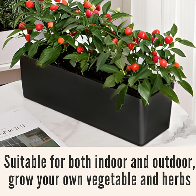 LaLaGreen Bundle- 2 Pack, 16 Inch Self Watering Planter + 10 Pack, 6 Inch Black Metal Pot Hanging Balcony Rail Deck Iron Bucket Large Window Boxes with Drainage Decorative Home Windowsill Garden Decor