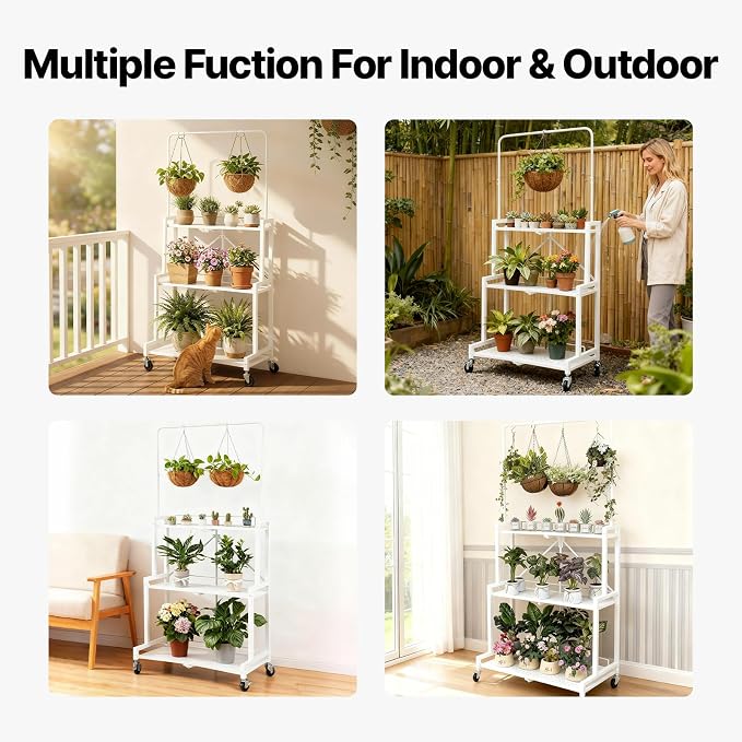 4-Tier Foldable Plant Stand with Wheels, No Tools Assembly, Sturdy Step Shelf for Indoor Outdoor Use, White – Organize Pots, Save Space, Roll & Store Easy