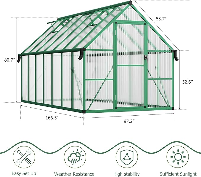 CABIHOME 8x14 FT Outdoor Greenhouse, Polycarbonate Greenhouse with Roof Vent and Ground Nails, Aluminum Large Walk-in Green House w/ Lockable Push Door for Outside Garden Backyard (Green, 8x14 FT)