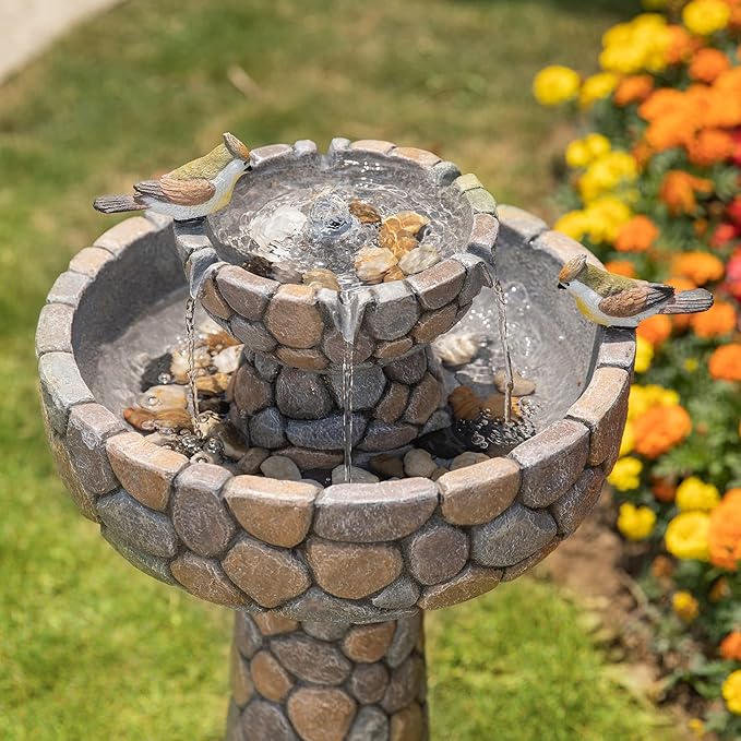 Glitzhome 2-Tier Stone Like Outdoor Water Fountain with Birds, Bird Bath Outdoor Waterfall Fountain Decor, Freestanding Water Fountains with Pump for Garden Yard Patio Porch, 24.41”H