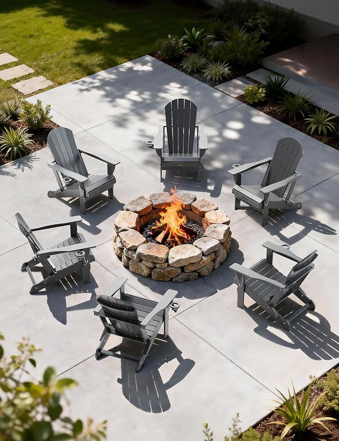 Plastic HDPE Adirondack Chair,Set of 6,Folding Adirondack Chair Weather Resistant with Cup Holder, Wooden Textured Fire Pit Outdoor Chair for Garden, Porch, Lawn, Backyard, Supports 380LBS, Grey