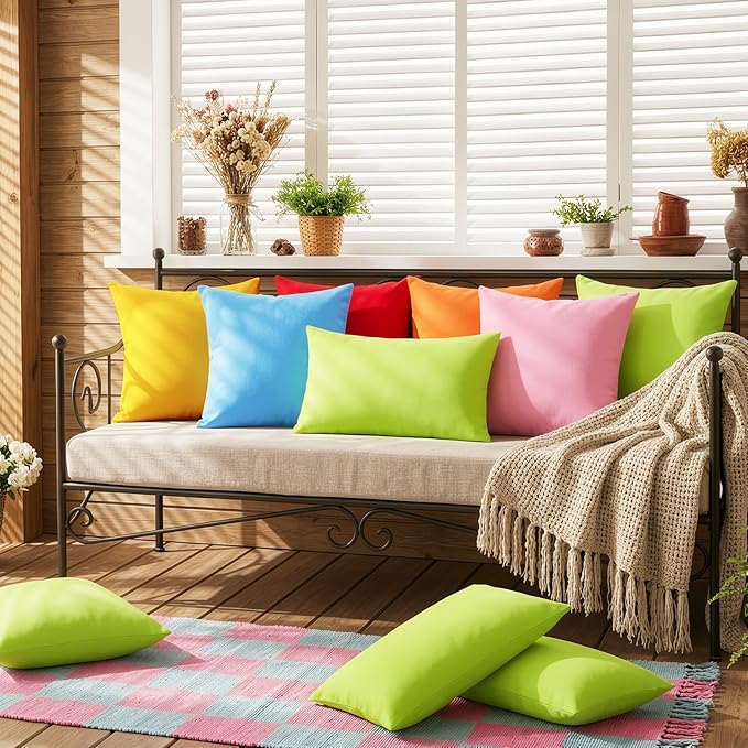 Lewondr Waterproof Outdoor Throw Pillow Cover, 2 Pack Solid PU Coating Lumbar Throw Pillow Case UV Protection Garden Cushion Cover for Patio Sofa Couch Balcony 12"x20"(30x50cm), Fluorescent Green
