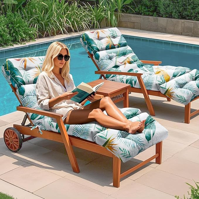 2 Pack Outdoor Chaise Lounge Chair Cushion 75.1 x 22.8 x 4.7 Inches 100% Waterproof Replacement Cotton Patio Pool Lounge Chair Cushion for Outdoor Furniture with Ties,Yellow-Green Leaf