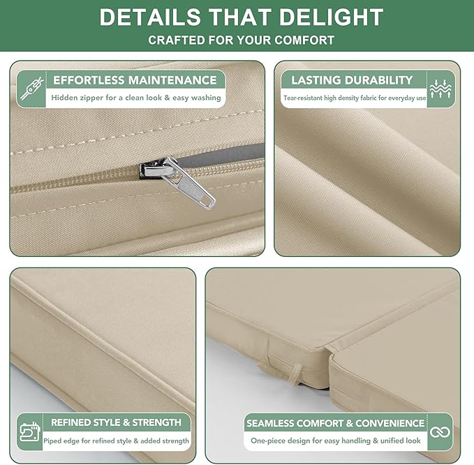 Summsun Outdoor Dining Chair Cushions 4 Pack, Water Resistant High Back Patio Seat Cushion Set with Ties, Removable Covers, Non-Slip Bottom for Garden Lawn Patio Furniture, 44 x 20 Inch, Cream