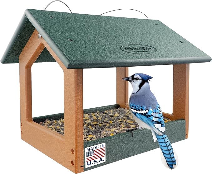 DutchCrafters Amish USA Made Recycled Plastic Large Hanging Modern Fly Through Covered Roof Open Platform Tray Bird Feeder for Outdoors, Garden, Yard (Turf Green & Bright Cedar)