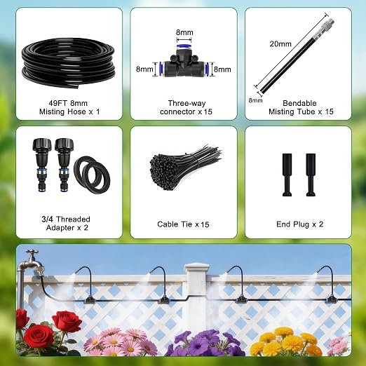 360° Adjustable Drip Irrigation System, 49FT Garden Watering System with 15 Nozzles, Water Sprinkler for Garden, Yard, Lawn, Greenhouse, Plants, Backyard Misting System
