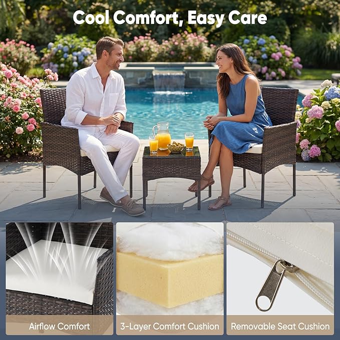 DUMOS 3-Piece Patio Furniture Set, All-Weather Outdoor Wicker Chairs with Removable Cushions & Tempered Glass Table, Small Bistro Set for Porch, Balcony, Lawn, Backyard, Brown