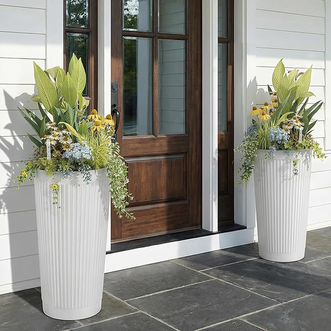 24in Tall Self-Watering Planters Set of 2, White | Water level indicator, Self-watering irrigation system, Non-toxic PP plastic, Weather Resistant, Indoor Outdoor Use