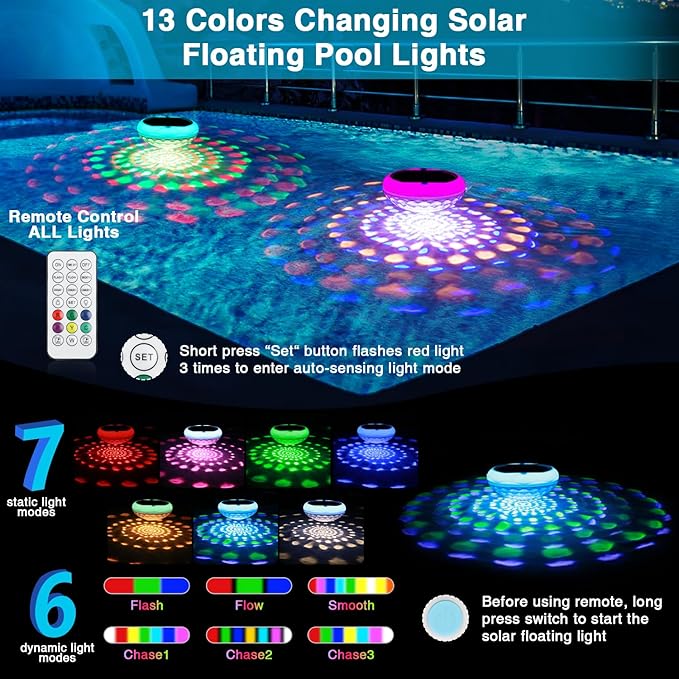 Solar Pool Lights(1 PCS), 2600mAh USB Rechargeable Floating Pool Lights, 6.7" IP68 Waterproof Solar Floating Light with Remote, RGB 13 Colors Upper and Lower Glow Hangable Light for Path, Hot Tubs